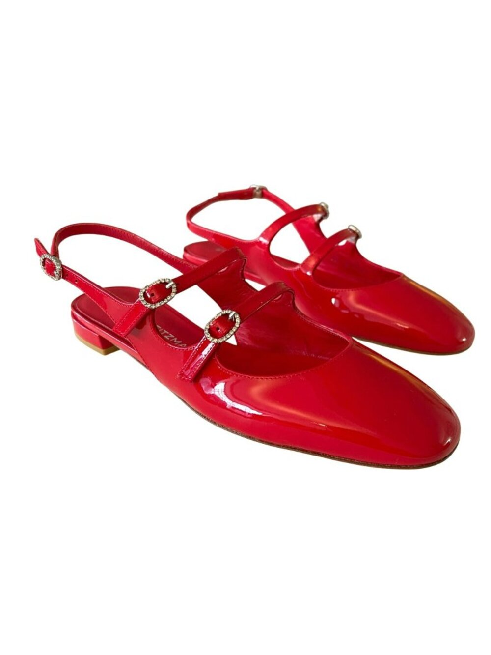 Stuart Weitzman $475 Claris Red Patent Leather Rhinestone Slingback Size 8 NEW